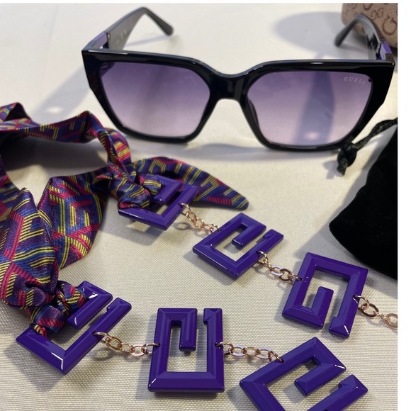 GUESS Black Purple Square Sunglasses with Detachable Scarf Chain Strap and Case - Picture 5 of 9